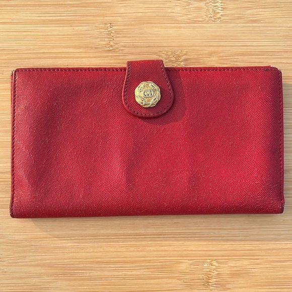 Vintage Gucci Red Leather Large Bifold Wallet Snap Close Navy Interior Italy - Picture 1 of 16